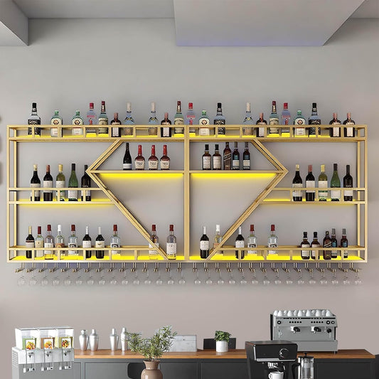 63in Large Wall Mounted Wine Rack 3 Tier Metal Wine Bottle Holder Modern Diamond Design Floating Bar Liquor Bottles Storage Rack for Home Restaurant Bar Decorative (Gold, 3 Tier - 63in)