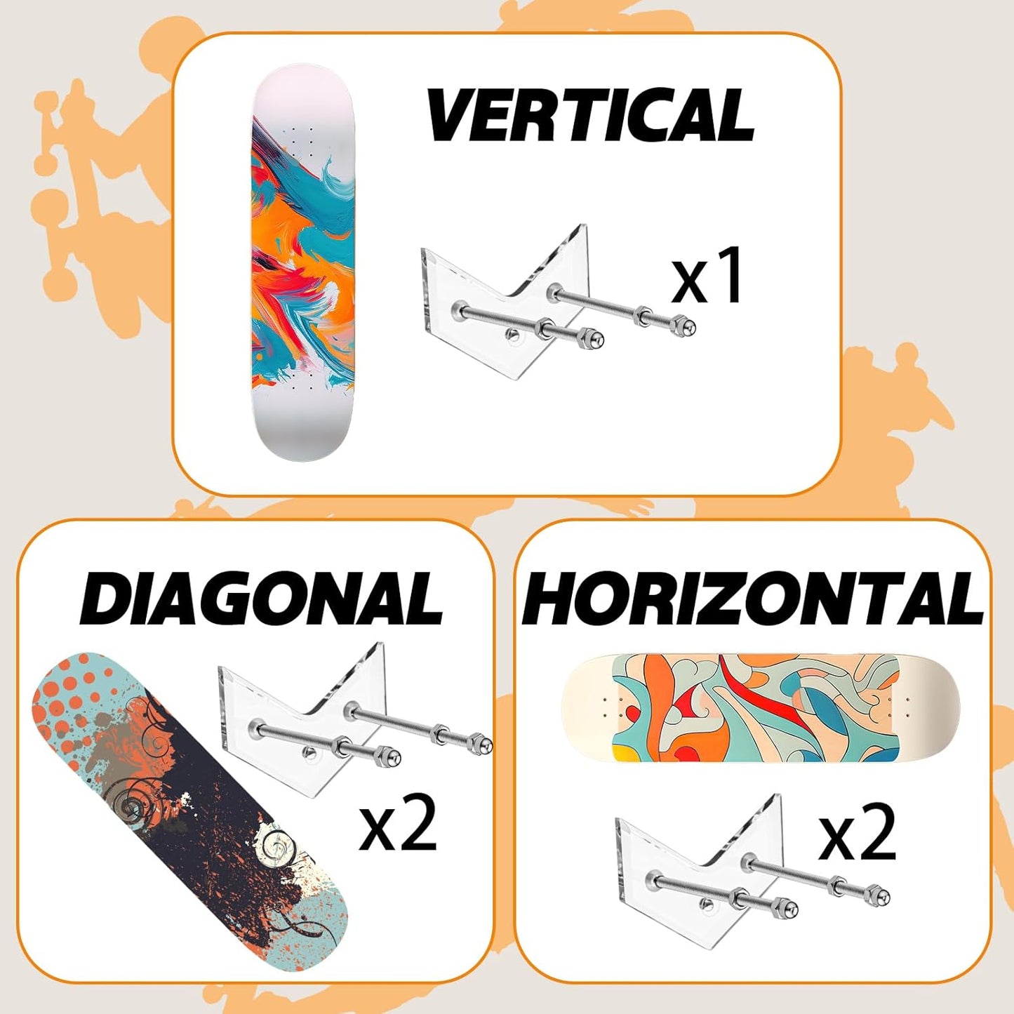 6 Packs Skateboard Wall Mount with Installation Screws Acrylic Floating Skate Deck Stand Skateboard Wall Hanger to Store and Display Long Boards Snowboards