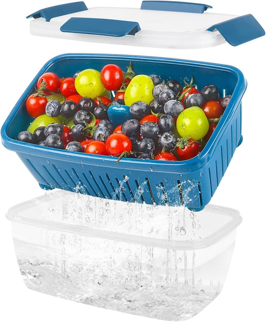 68oz Berry Keeper Fruit Storage Container for Fridge, Fresh Food Produce Saver Containers with Removable Drain Colander, Vegetable Lettuce Keeper Bowl Refrigerator Organizer, PRESS TO OPEN CLOSE LID