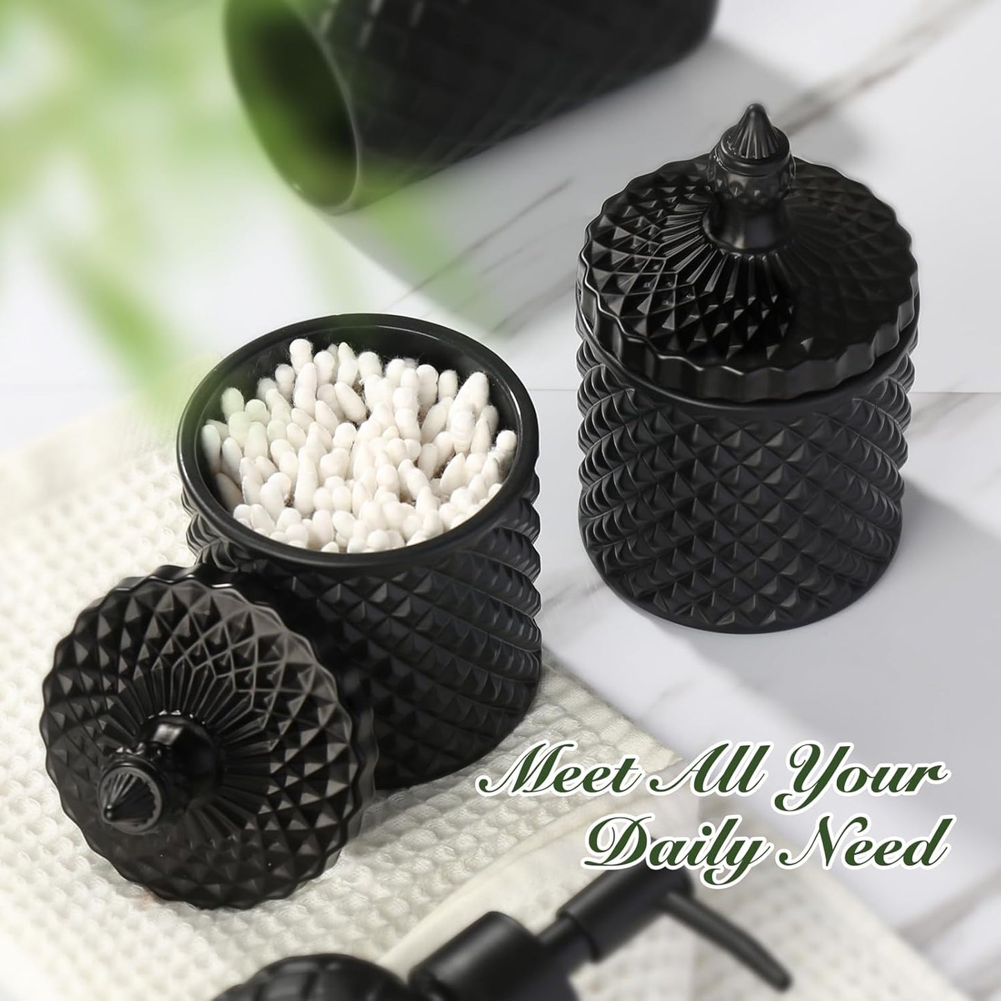 Matte Black Bathroom Accessories Set, 4 Pack Black Bath Accessory Sets Complete, Diamond Glass Soap Dispenser and Toothbrush Holder Set for Countertop, Gothic Decor Organizer Essentials
