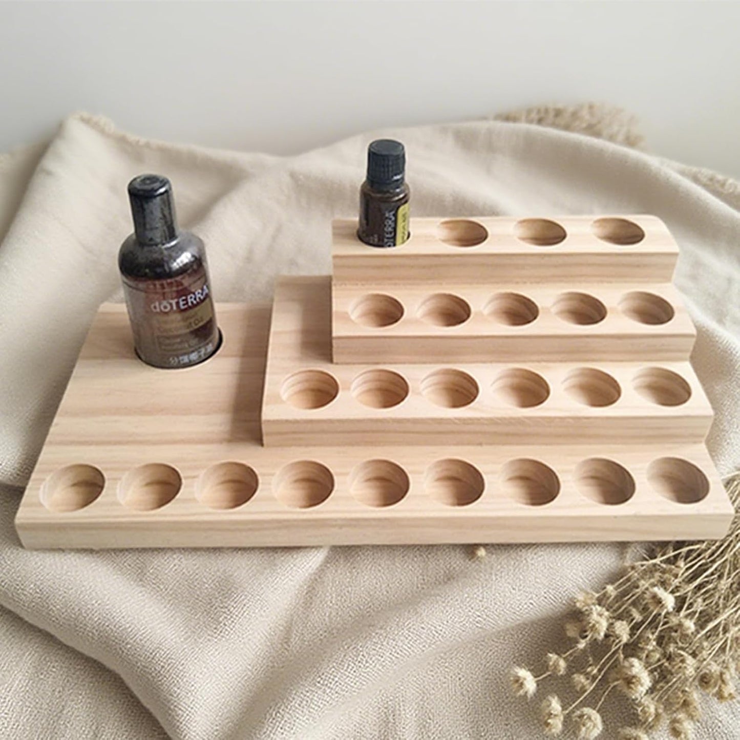 Wooden Essential Oil Rack 4 Tier Essential Oil Holder Shelves for Oil Solid Wood Essential Oil Organizer 25-Bottle Essential Oil Display Stand Tabletop Storage Rack for 5-20ml Bottles