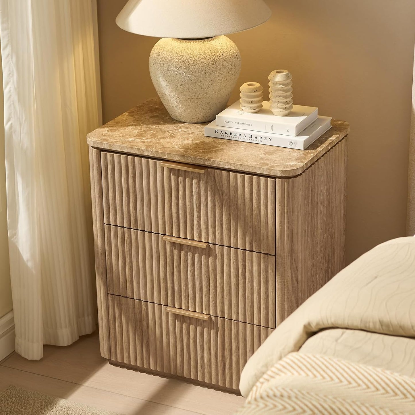 Fluted Nightstand with 3 Drawers, Engineered Wood Bedside Table with Faux Marble-Top, Modern End Table with Curved Corners, Metal Handle, Large Night Stand for Bedroom, Office, Closet, Natural Oak