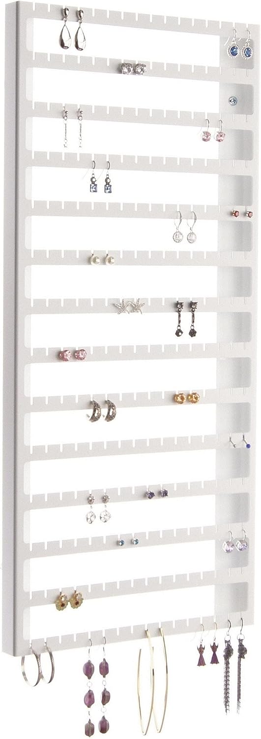 Angelynn's Wall Mounted Earring Holder Organizer Display for Women Small Earrings ONLY, Post Stud Dangle Pierced Earrings, Hanging Closet Jewelry Storage Rack, Luka Large White 9"x20"