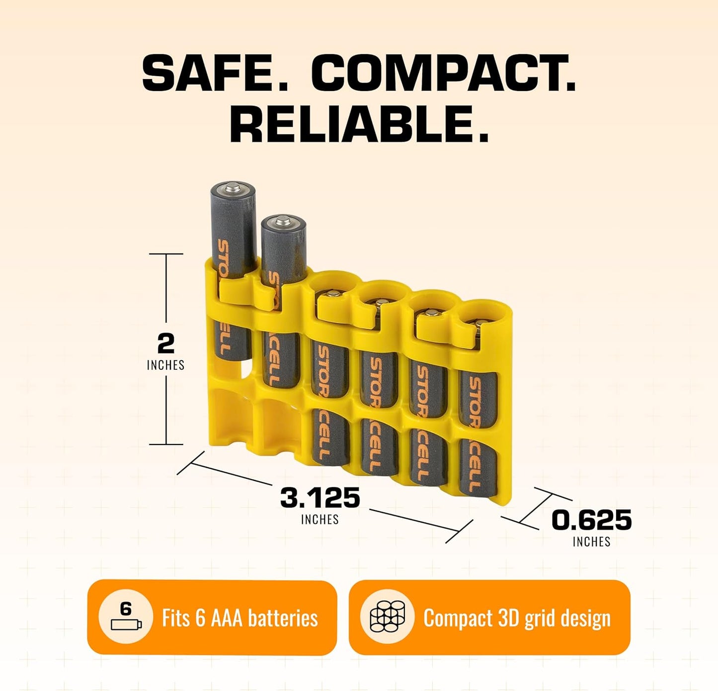 AAA Battery Storage Caddy by Storacell, Yellow, Holds 6 Batteries (Not included)