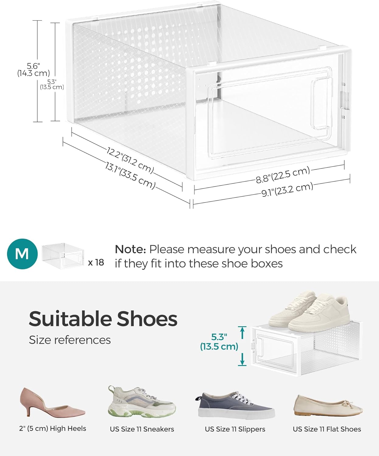 SONGMICS Shoe Boxes, Pack of 18 Shoe Storage Organizers, Stackable Clear Plastic Boxes for Closet, Sneakers, 13.1 x 9.1 x 5.6 Inches, Transparent and White ULSP18SWT