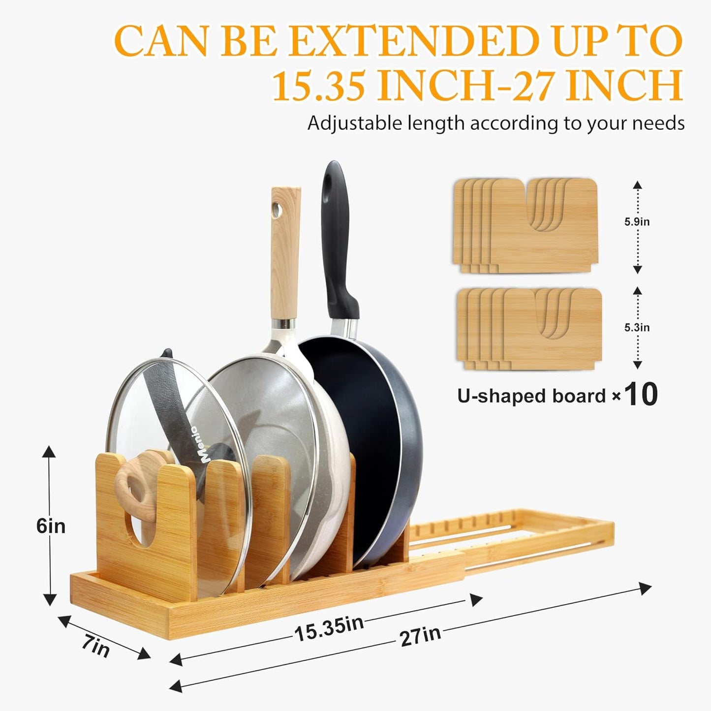 MinBoo Bamboo Expandable Pot Lid Organizer, Pot and Pan Organizer Drawer Organizer for Pot Lids, Adjustable 8 U-Shaped Dividers for Kitchen Cabinet Organizers and Storage (Bamboo-1)