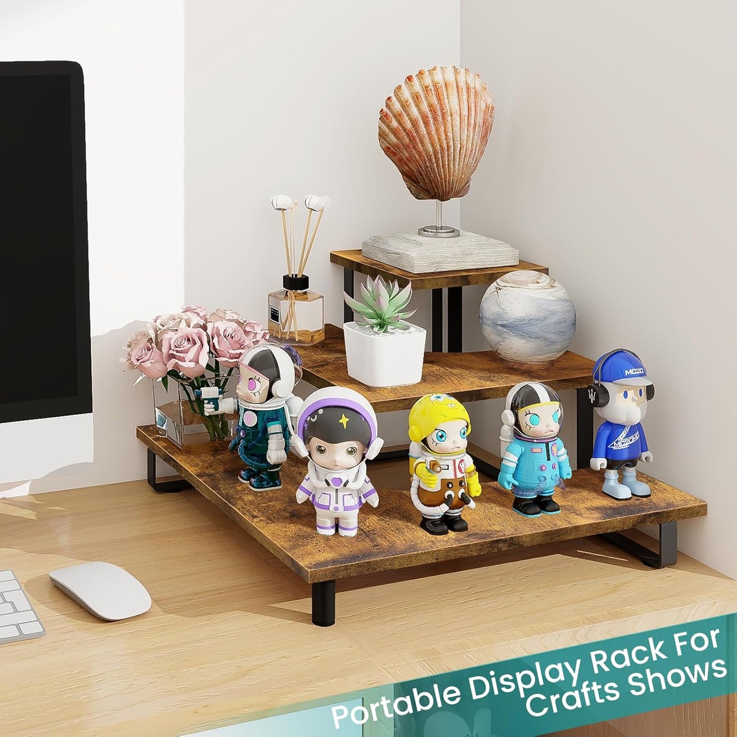 ELITEROO 3 Tier Wooden Retail Display Shelves, Portable Display Rack for Retail Counter Top Craft Shows, 3 Step Corner Tiered Table Display Tower Stand for Cupcake Jewelry Card Sticker Display