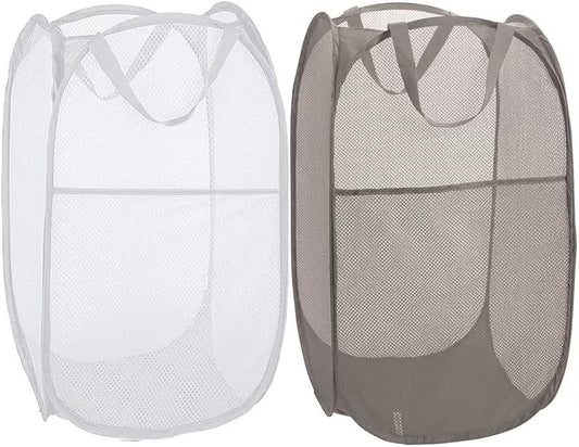 BATTOO Deluxe Strong Mesh Pop up Laundry Hamper Basket with Side Pocket Foldable Hamper for Laundry Room, Bathroom, Kids Room, College Dorm or Travel Grey + White