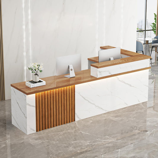 Receptionist Desk with LED Light，Wooden Salon Checkout Counter with Storage Drawer & Keyboard Tray Modern L-Shaped Reception Desk for Barbershop Office Company Store