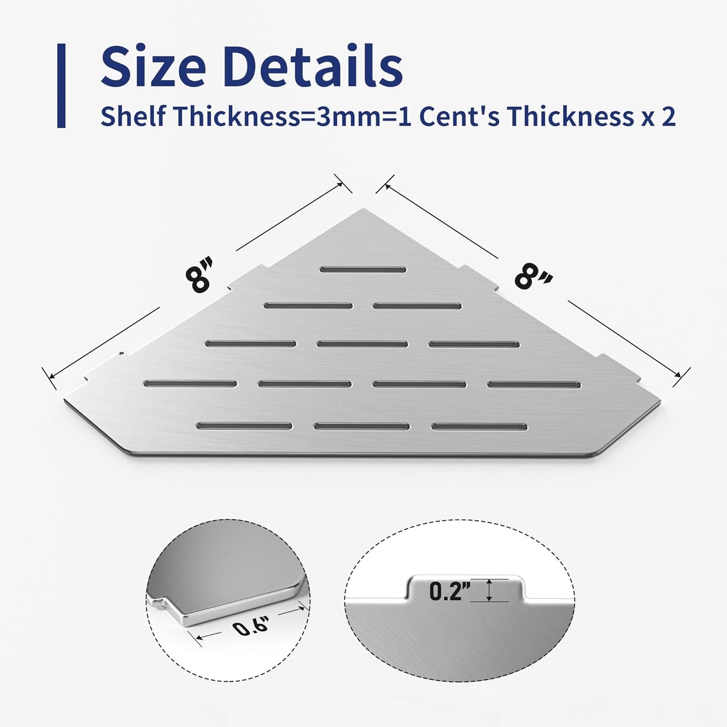 Corner Shower Shelf, 304 Stainless Steel Pentagonal Heavy Duty Floating Corner Sheves Slot Design Recessed Bathroom Shelf for Tiled Wall 2 Pack(Brushed, 8"-2 Pack)