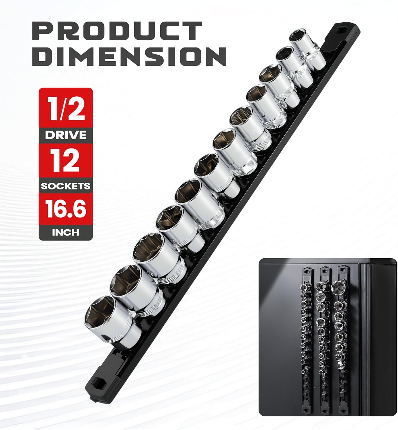ALOANES 1/2-Inch Drive Magnetic Socket Organizer, Heavy Duty Aluminum Socket Rail Organizer, 360° Swivel Clips Socket Holder Kit for Tool Box, 1/2 Inch Socket Holder x 12 Clips (Black)