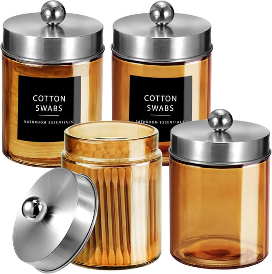 Amolliar Bronze Glass Apothecary Jar, Qtip Holder Metal Lid & Stickers, Bathroom Qtip Dispenser Storage, Canister for Cotton Balls, Cotton Swabs, Makeup Pads, Bath Salt, Floss, 4 Pack (Brushed Nickel)
