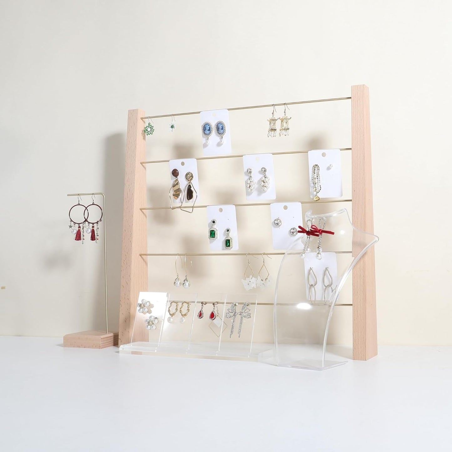 GemeShou 5 Tiers Beech Earring display stands for selling, Wooden Jewelry Shelf, Earring Storage Organizer, Brass earring holders with 30 PVC cards for stud Dangle Hoop【Beech 5-Tier】