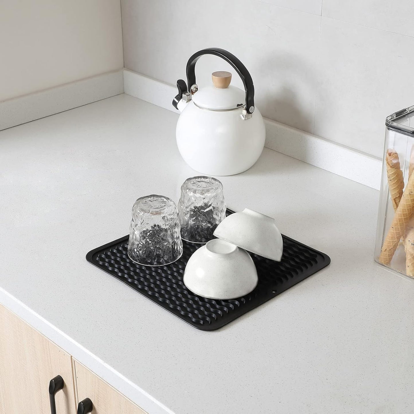 Silicone Dish Drying Mat for Multiple Usage,Easy clean,Eco-friendly,Heat-resistant Silicone Mat for Kitchen Counter or Sink,Refrigerator or Drawer liner Black M 12 inches x 12 inches