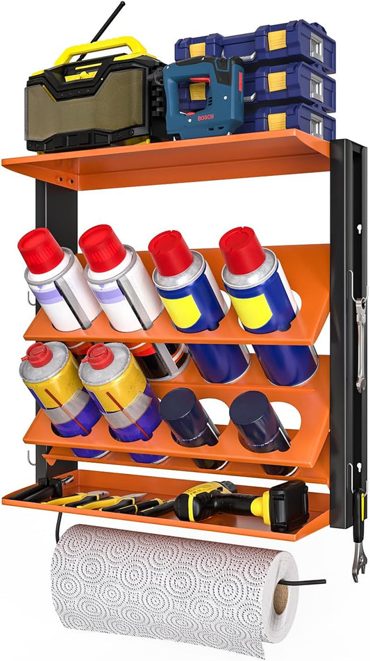 Spray Bottle Holder Wall-Mounted, Aerosol Spray Can Holder, Heavy Duty Paint Bottle Organizer with 8 Can Holes 80 LBS, Utility Storage Rack with Paper Towel Holder for Garage, Shop or Tool Trailer