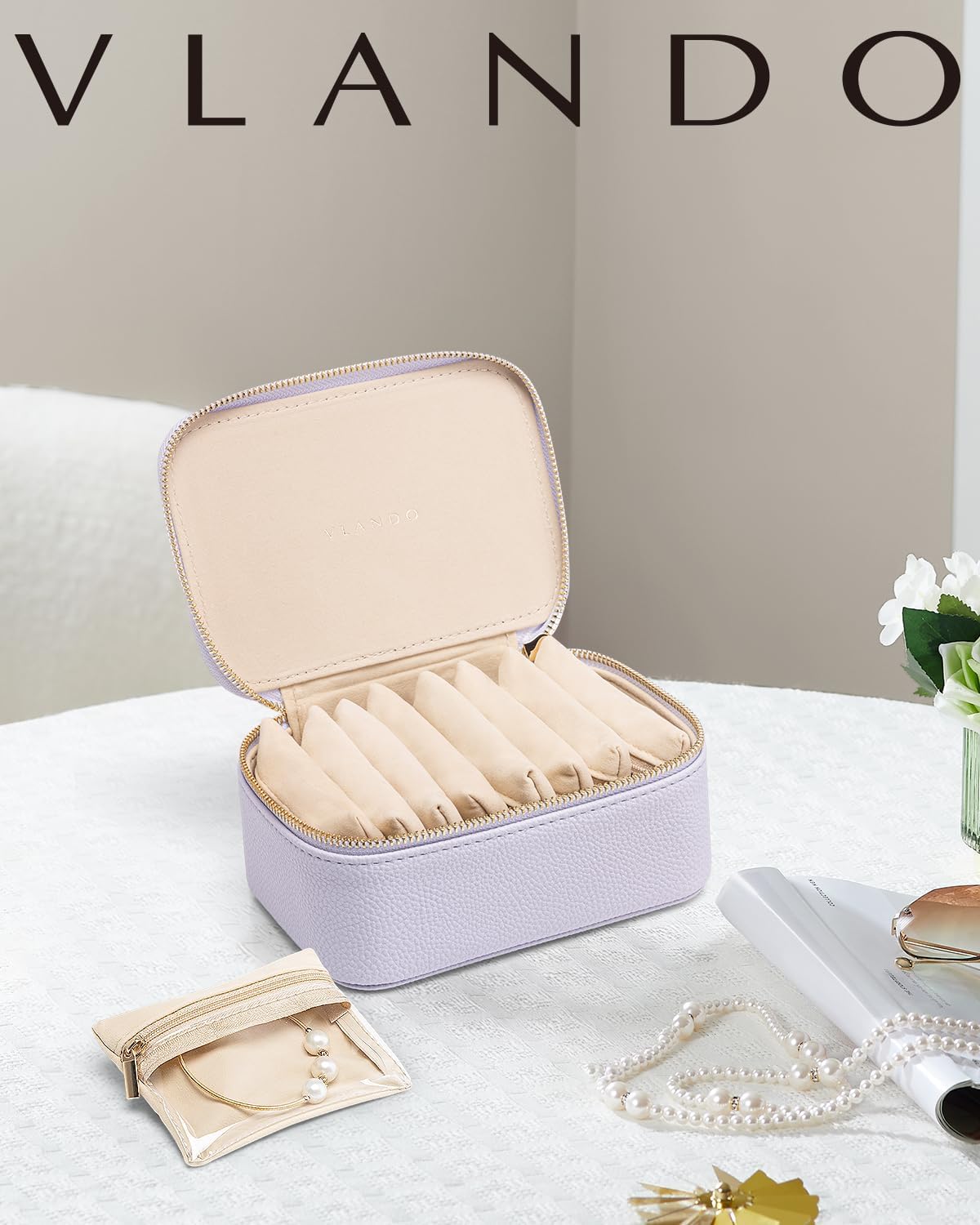 Vlando Travel Jewelry Case with 8 Velvet Jewelry Bags Travel Jewelry Storage Box Jewelry Organizer for Necklace Rings Earrings Teen Girls Gifts Trendy Stuff -Purple