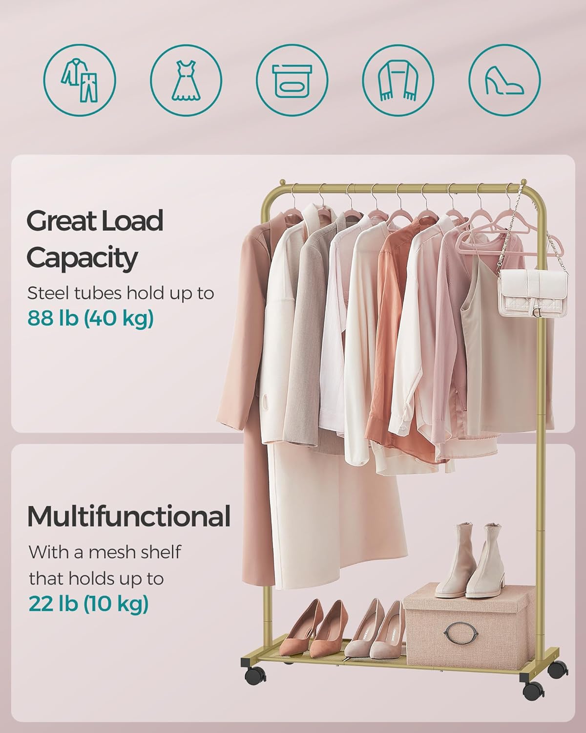SONGMICS Clothes Rack with Wheels, Clothing Rack for Hanging Clothes, 25.4 mm Metal Garment Rack with Dense Mesh Storage Shelf, 110 lb Load Capacity, 2 Brakes, Gold UHSR025A01