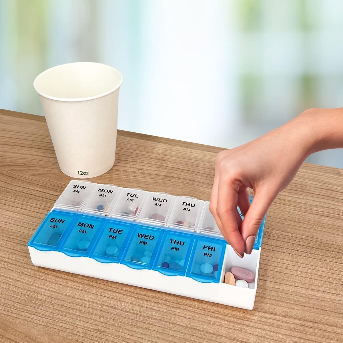 Amazon Basic Care 7-Day AM/PM Pill Organizer | Large Compartments | 2 Times Daily | Blue Clear Lids | Pack of 2