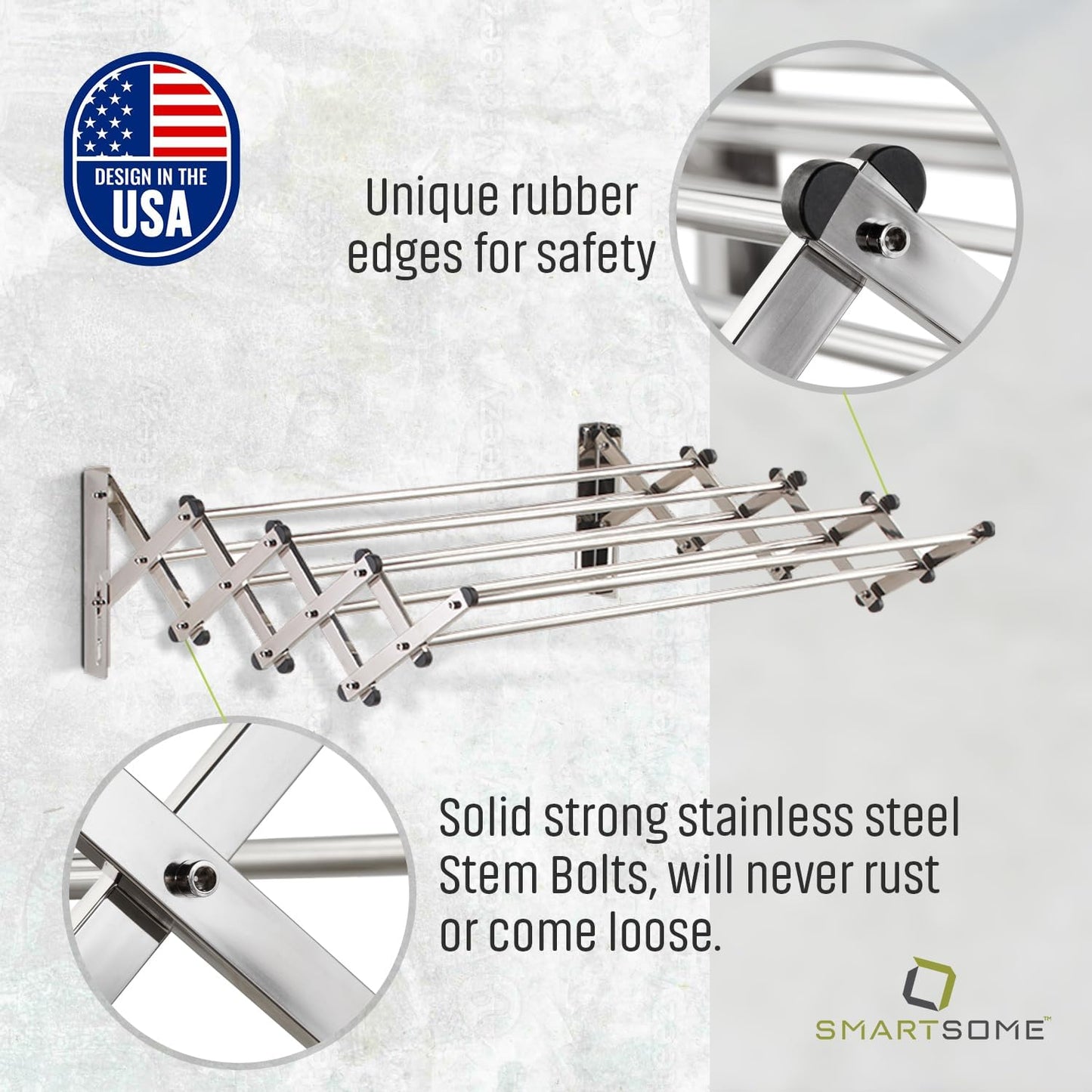 Smartsome | Wall Mounted | Clothes Drying Rack | 34" Wide | 22.5 Linear Feet Capacity | 8 Smooth Round Stainless Steel Rods | 60 lb Capacity | Fully Assembled | Compact Sturdy Space-Saving Design