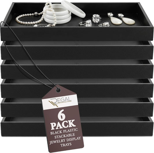 RJ Displays 6 Pack Stackable Jewelry Tray Set, Stackable Plastic Jewelry Organizer Tray, Jewelrys Drawer Organizers, Drawers Inserts, Earring Organizer for Women Perfect Trays (Black) 14.75x8.25x1 IN