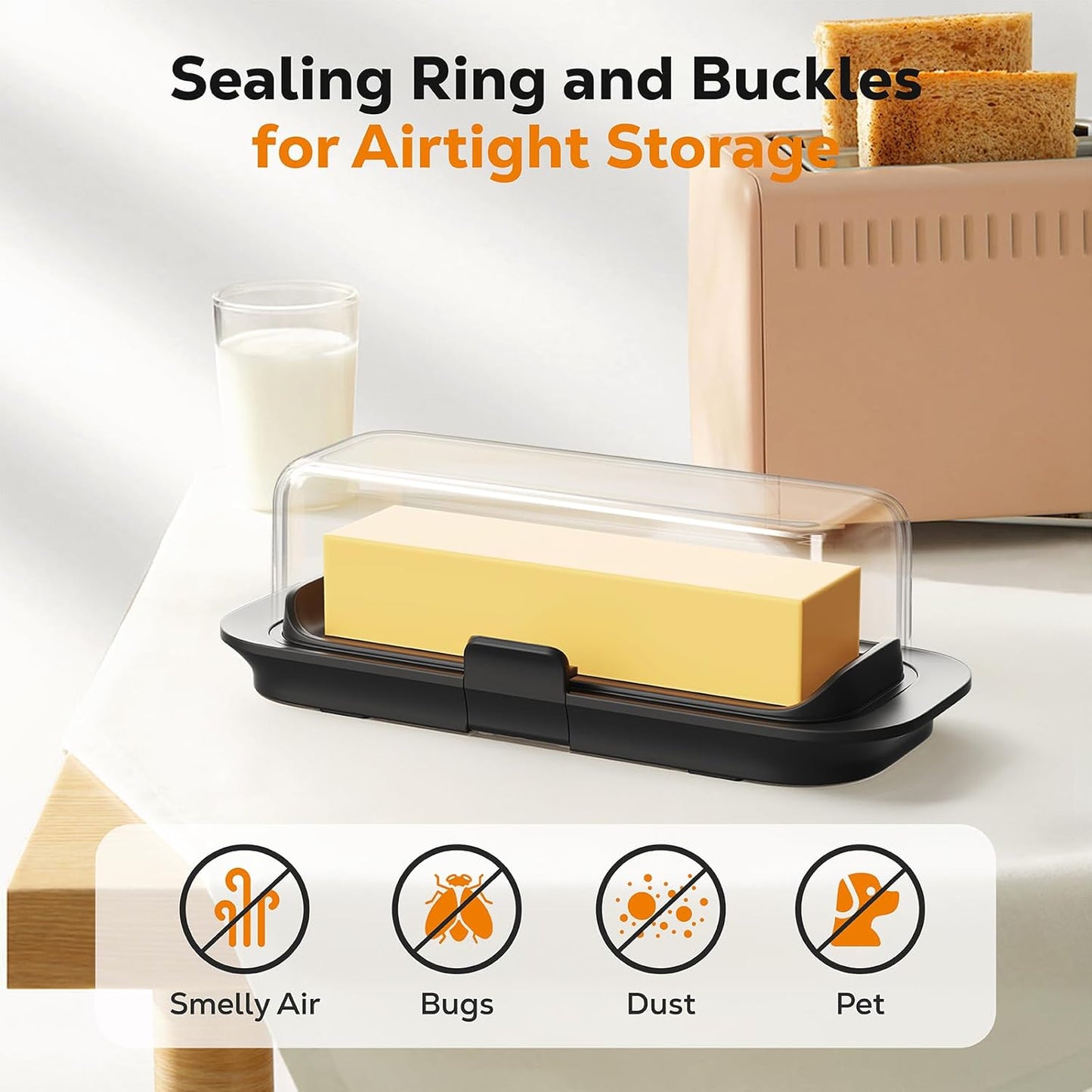 Butter Dish with Lid for Countertop and Refrigerator Door Shelf, Airtight Butter Keeper Container, Locking Butter Holder for East/West Coast Butter, BPA-free, Microwave/Dishwasher Safe