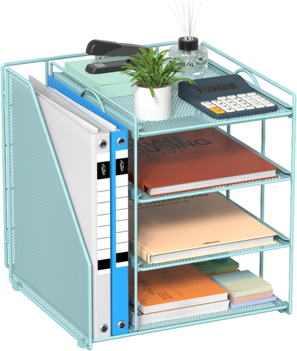 Blue Desk File Organizer and Accessories, 4-Tier Paper Organizer with Vertical File Holder, Office Desk Accessories & Workspace Organizers and Desktop Storage for Office Supplies (Sky Blue)