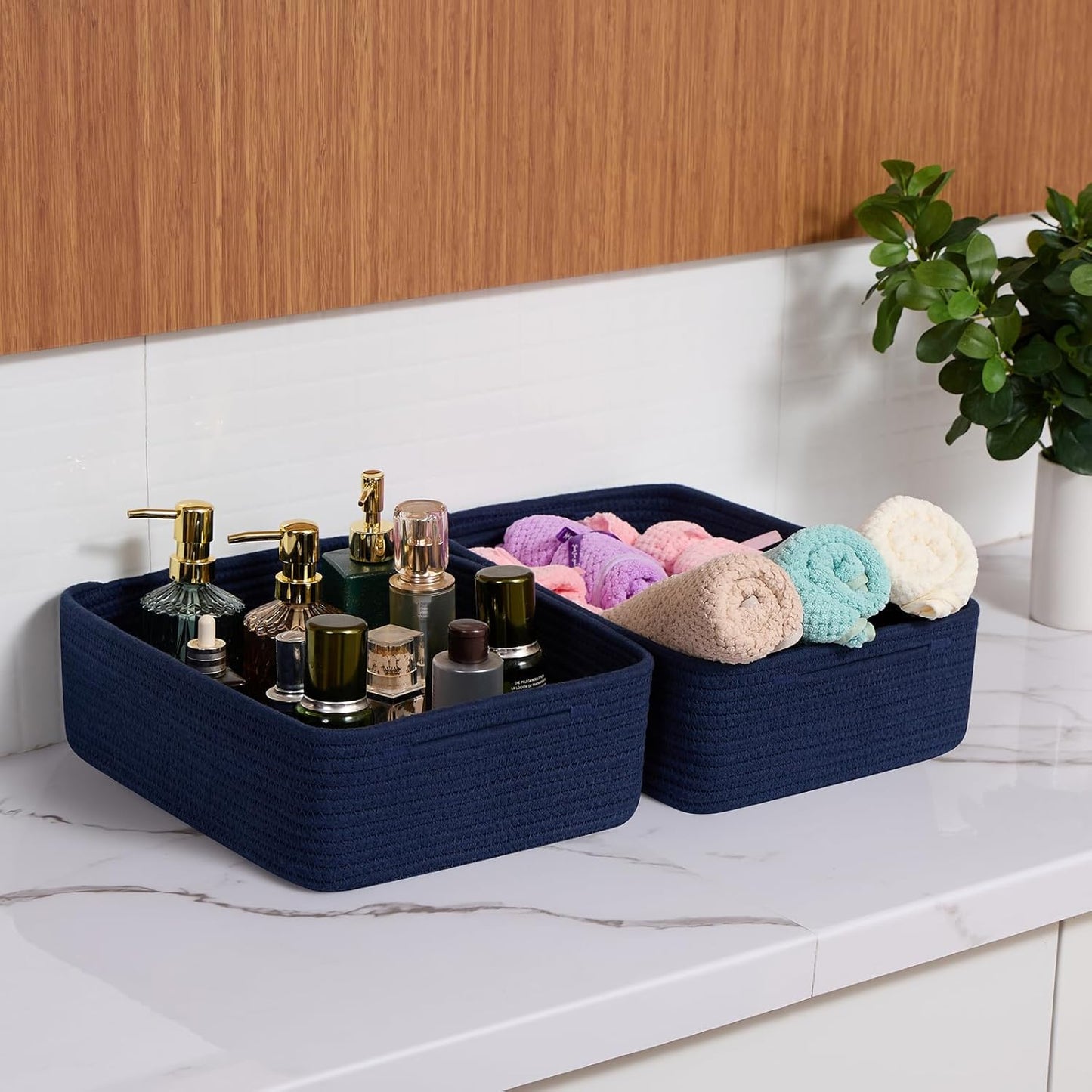 Large Shallow Organizing Baskets 15x11x5.1 Inches - Rope Woven Storage Bins for Bathroom, Shelves, Cube Closet, Navy Blue 4 Packs