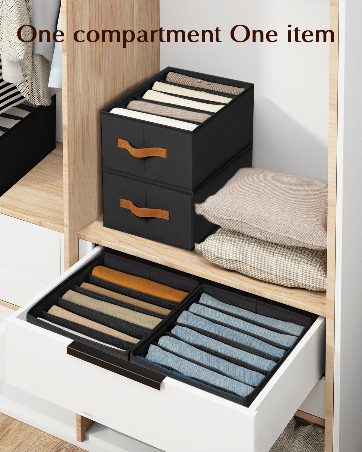 Clothes Organizers and Storage - 4/5/7 Grids Fabric Jeans Organizer with Handles, Foldable Closet Organizers Dividers, Wardrobe organizer for Pant, Sweater, T-shirt, Scarf, 3 Pack, Black