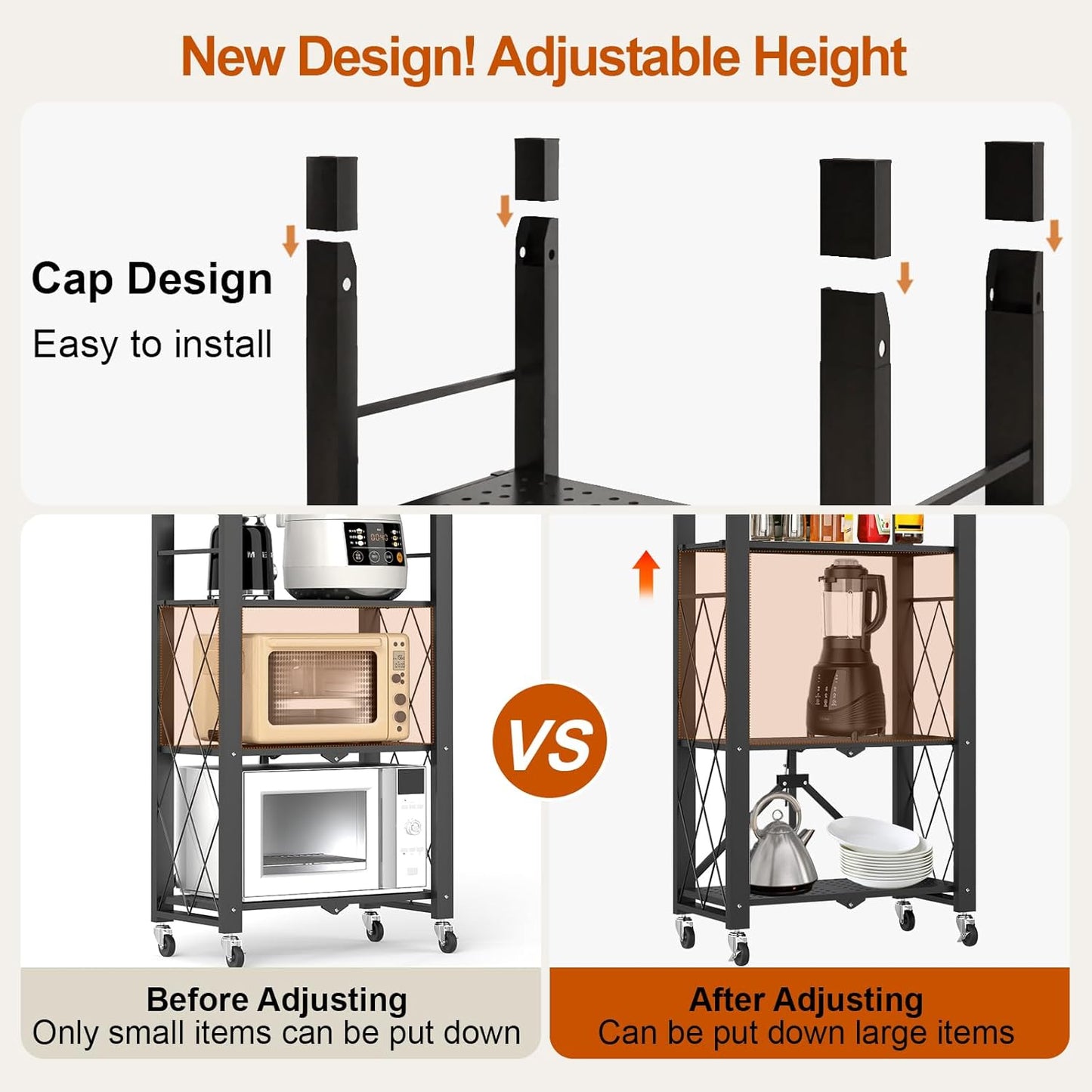6-Tier Foldable Storage Shelves with Wheels, Folding Metal Shelf Unit, Folding Bookshelf no Assembly, Collapsible Shelves for Craft Shows for Kitchen, Bedroom, Living Room, Black