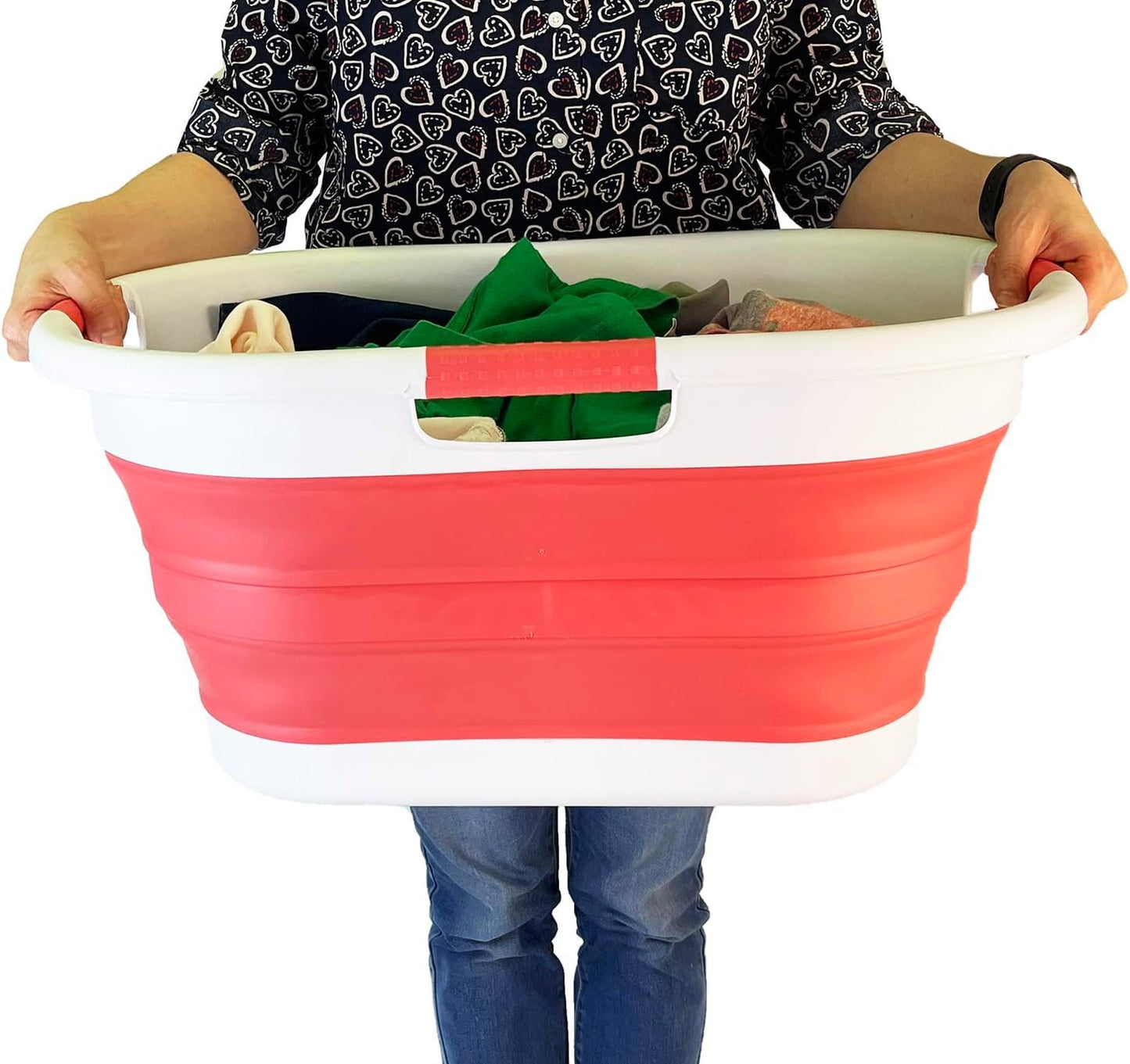 SAMMART 40L (10.5 gallon) Collapsible Plastic Laundry Basket - Foldable Storage Container- Portable Washing Tub - Space Saving Hamper (1, White/Coral Pink)