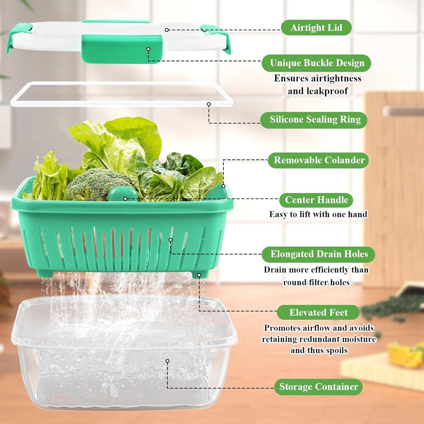 68oz Berry Keeper Fruit Storage Container for Fridge, Fresh Food Produce Saver Containers with Removable Drain Colander, Vegetable Lettuce Keeper Bowl, Refrigerator Organizer, PRESS TO OPEN CLOSE LID