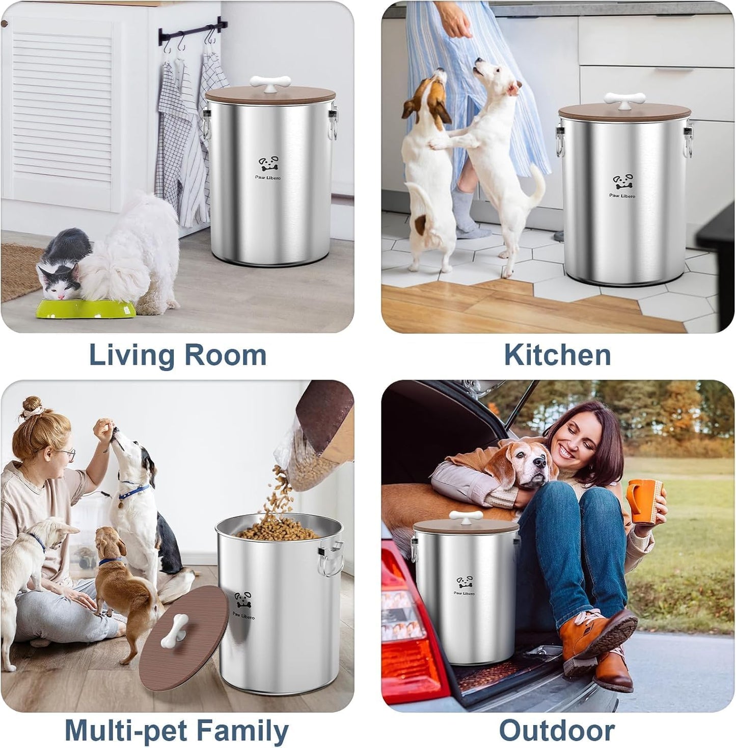 2PK 25 Lbs total 50 Lbs Stainless Steel Dog Food Storage Container with Airtight Wooden Lid & Ceramic Bone Handle, Large Metal Dog Food Bin for Dogs & Cats