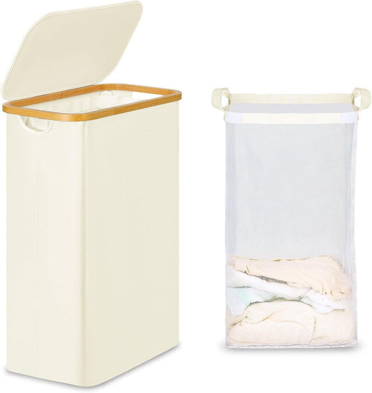 efluky Slim Laundry Basket with Lid, Narrow Laundry Hamper with Removable Bag, Skinny Dirty Clothes Basket with Bamboo Handles for Bathroom, Bedroom & Laundry Room, 65L Beige