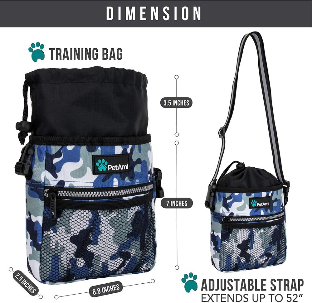 PetAmi Dog Treat Pouch, Pet Treat Pouch for Training, Dog Walking Bag Holder for Kibbles, Pet Food Toy, Dog Trainer Essentials Supplies, Poop Bag Dispenser, 3 Ways to Wear (Camo Blue)