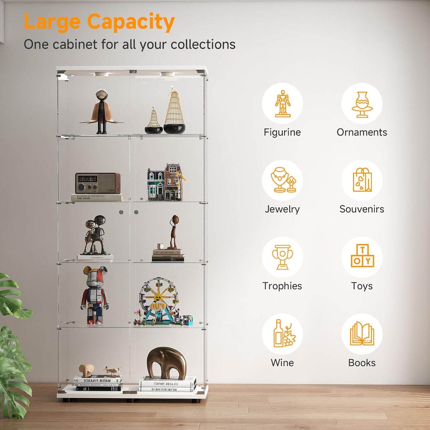 5-Tier Tempered Glass Display Cabinet with Lights, Curio Cabinet with Glass Doors and Lock, Glass Display Case for Collectibles, for Living Room Bedroom Office, Double Door, White