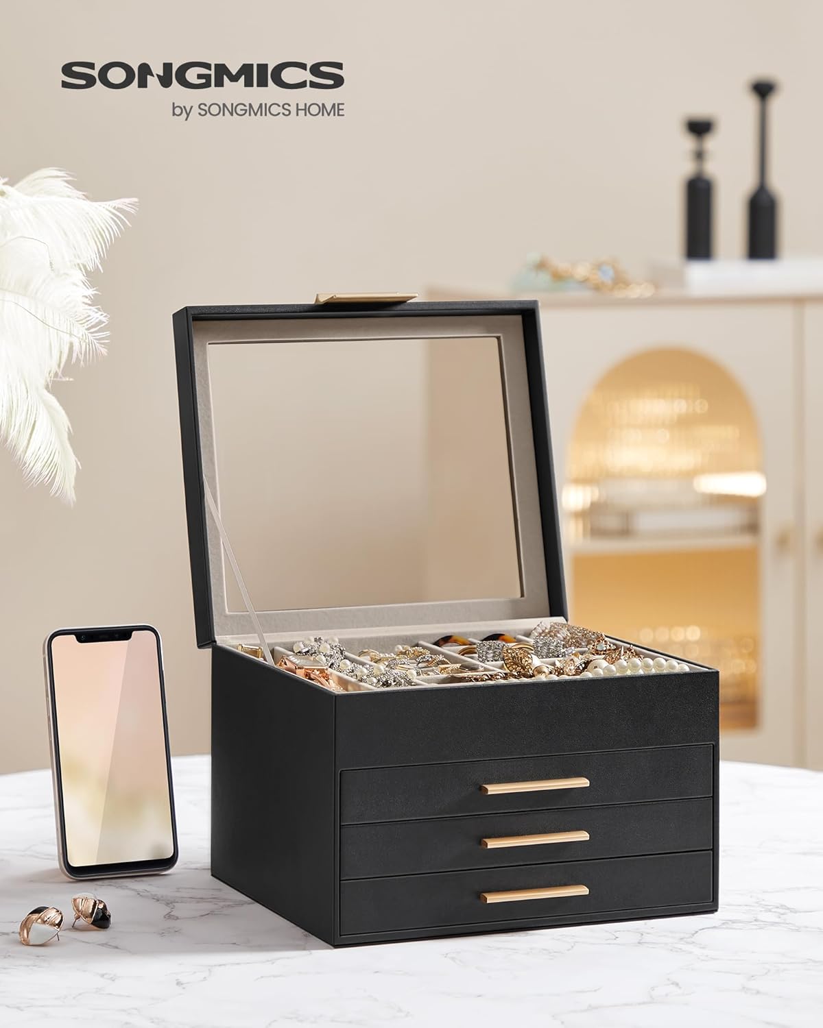 SONGMICS Jewelry Box Organizer with Glass Lid, 4-Layer Jewelry Storage, with 3 Drawers, Modern Style, Christmas Gift, 8 x 9.1 x 6.5 Inches, Graphite Black and Gold Color UJBC173B01