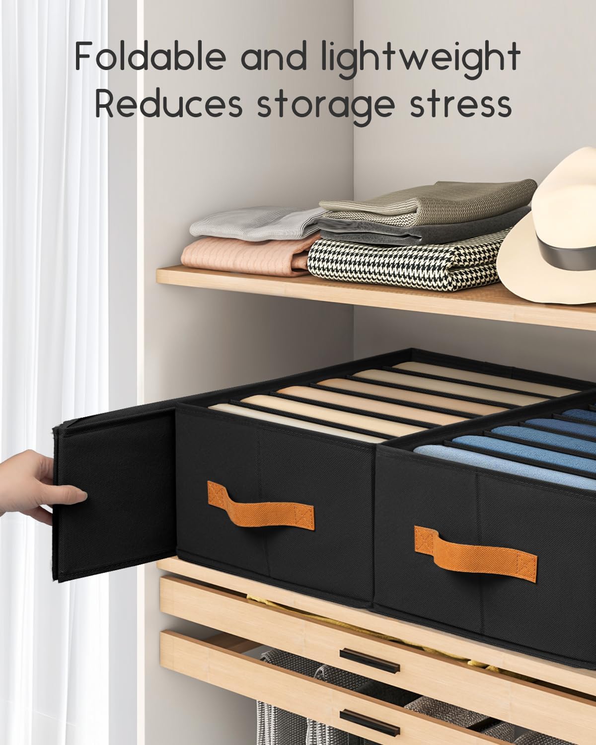 Closet Organizers and Storage - Fabric Clothes Organizer with Handles, Foldable Jeans Organizer for Clothes, Drawer Organizer for Shirts, Bra, Sweater, Scarf, 4 Pack, Black
