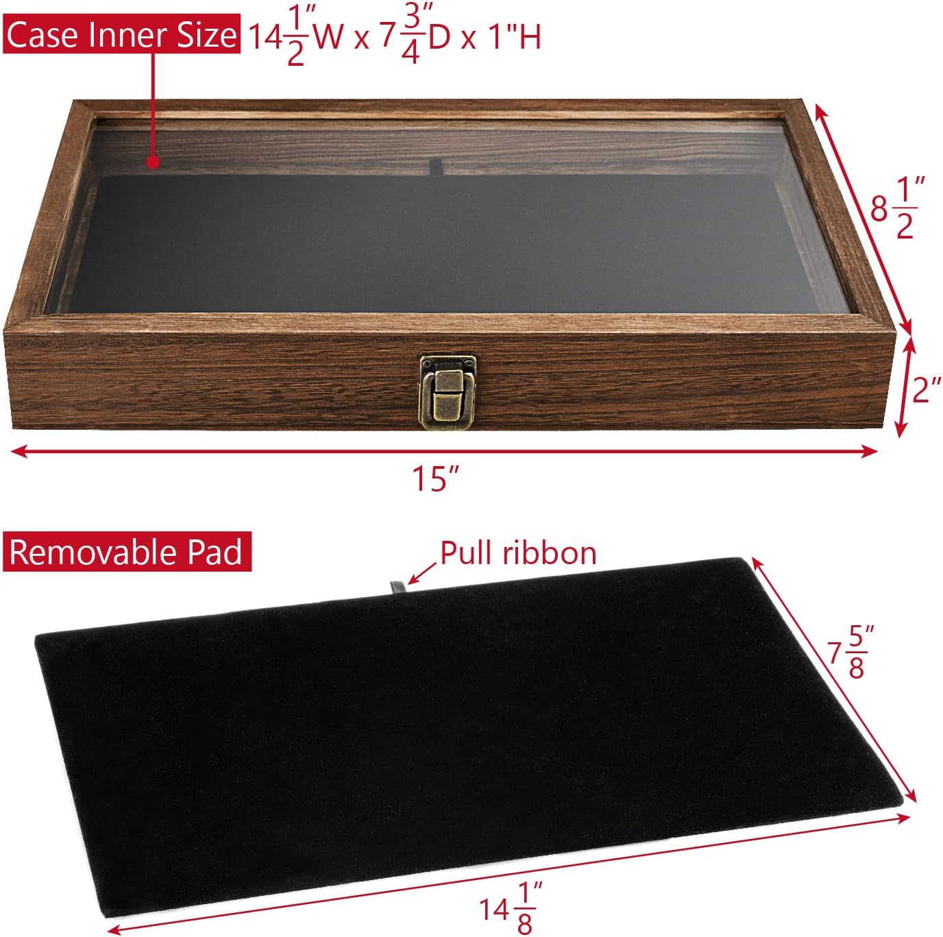 MOOCA Wooden Jewelry Display Case with Tempered Glass Lid and Removable Black Luxurious MDF Velvet Jewelry Display Pad, Pocket Knife Eyewear Case, Brown Color