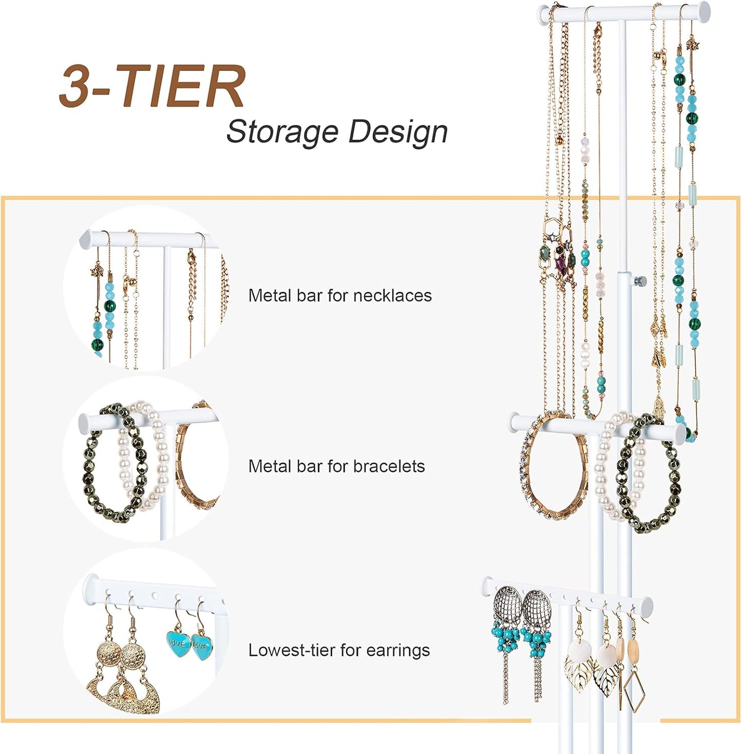 Love-KANKEI Jewelry Tree Stand White Metal and Wood Base Large Storage Jewelry Organizer for Necklaces Bracelets Earrings Holder Organizer Jewelry Display Gift White and White