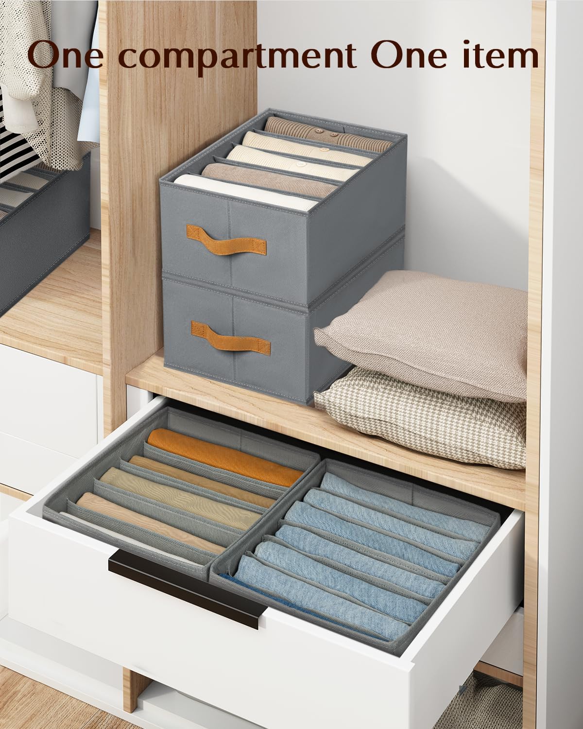 Clothes Organizers and Storage - 4/5/7 Grids Fabric Jeans Organizer with Handles, Foldable Closet Organizers Dividers, Wardrobe organizer for Pant, Sweater, T-shirt, Scarf, 6 Pack, Pale Grey