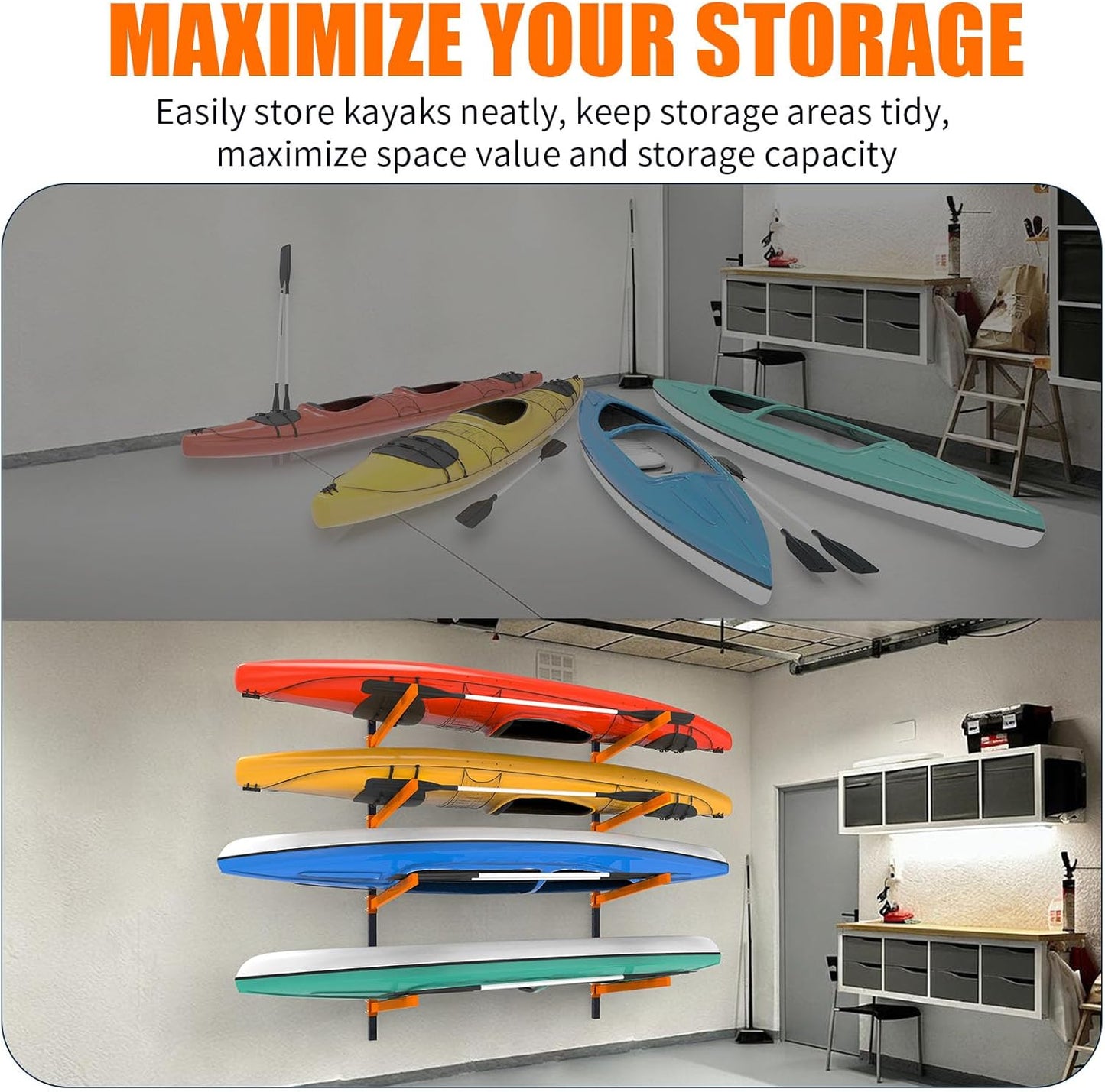 Kayak Storage Rack, Wall Mount Kayak Racks for Indoor Outdoor Storage, Heavy Duty Adjustable Kayak Rack for Garage, Spacesaver