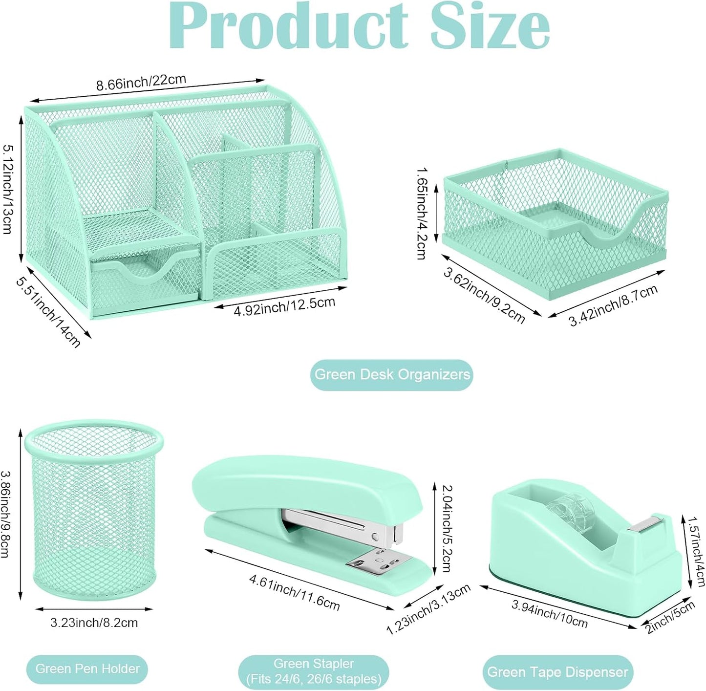 Green Desk Organizers and Accessories, Teal Office Supplies Set Green Mesh Desk Organizer, Stapler, Tape Dispenser, 1000 Staples, Staple Remover, Pen Holder, Clips Set, Ruler, Scissors