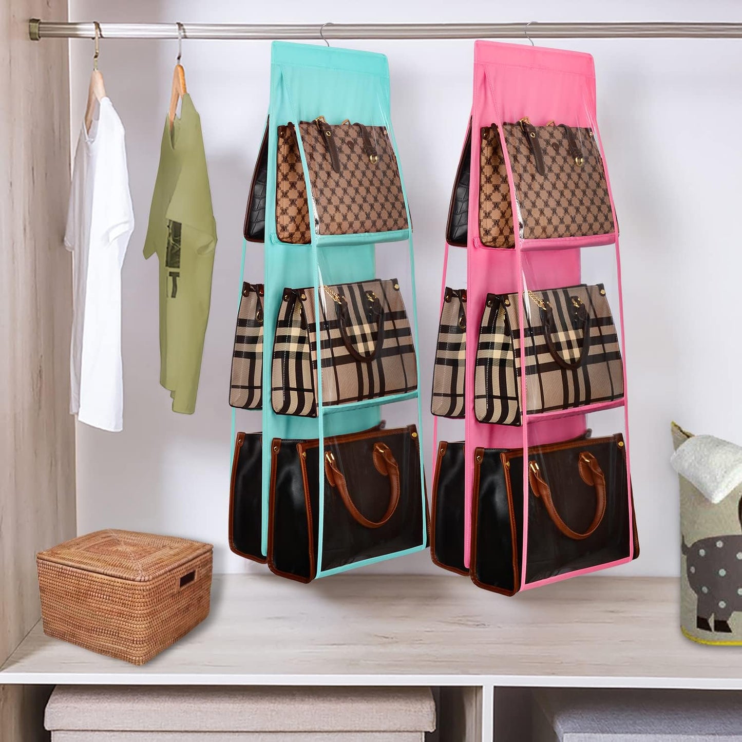 Lirex Medium and Large Handbag Hanging Purse Organizer for Closet, Handbag Storage Organizer Hanger Oxford Cloth Closet Organizer for Family Closet Bedroom, Foldable and Universal Fit, Pink