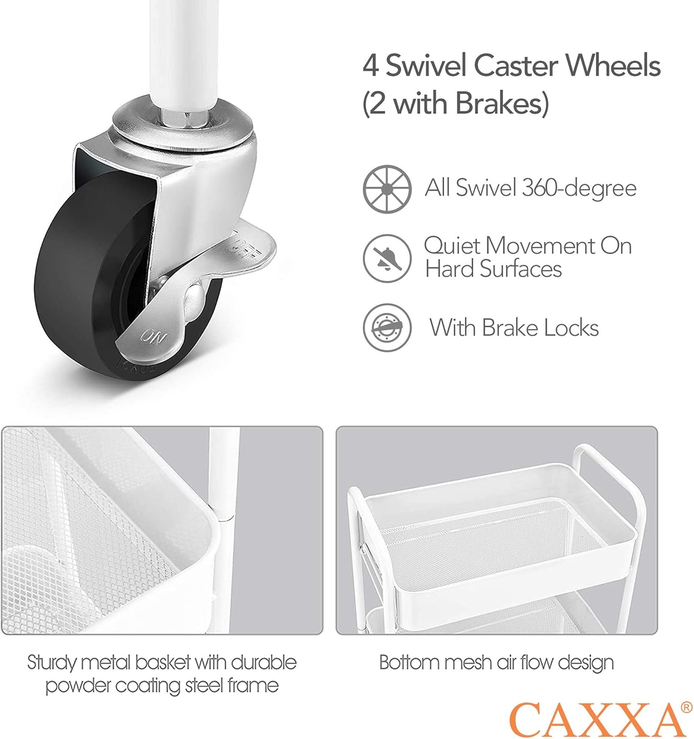 CAXXA 3-Tier Rolling Metal Storage Organizer - Mobile Utility Cart Kitchen Cart with Caster Wheels, White