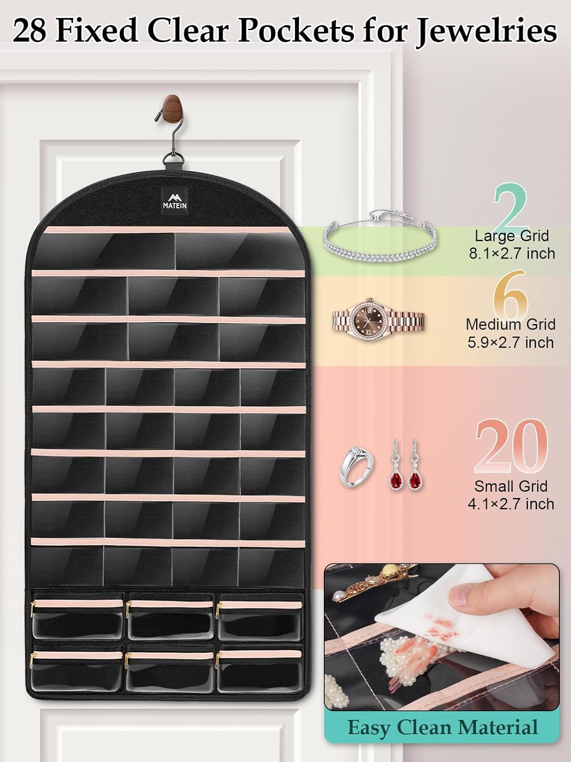 MATEIN Hanging Jewelry Organizer with Removable Travel Jewelry Pouch, Tangle Free Necklace Hanger Wall Mount with Metal Hook, Large Earring Storage Holder for Bracelet Ring Display, Gifts for Her