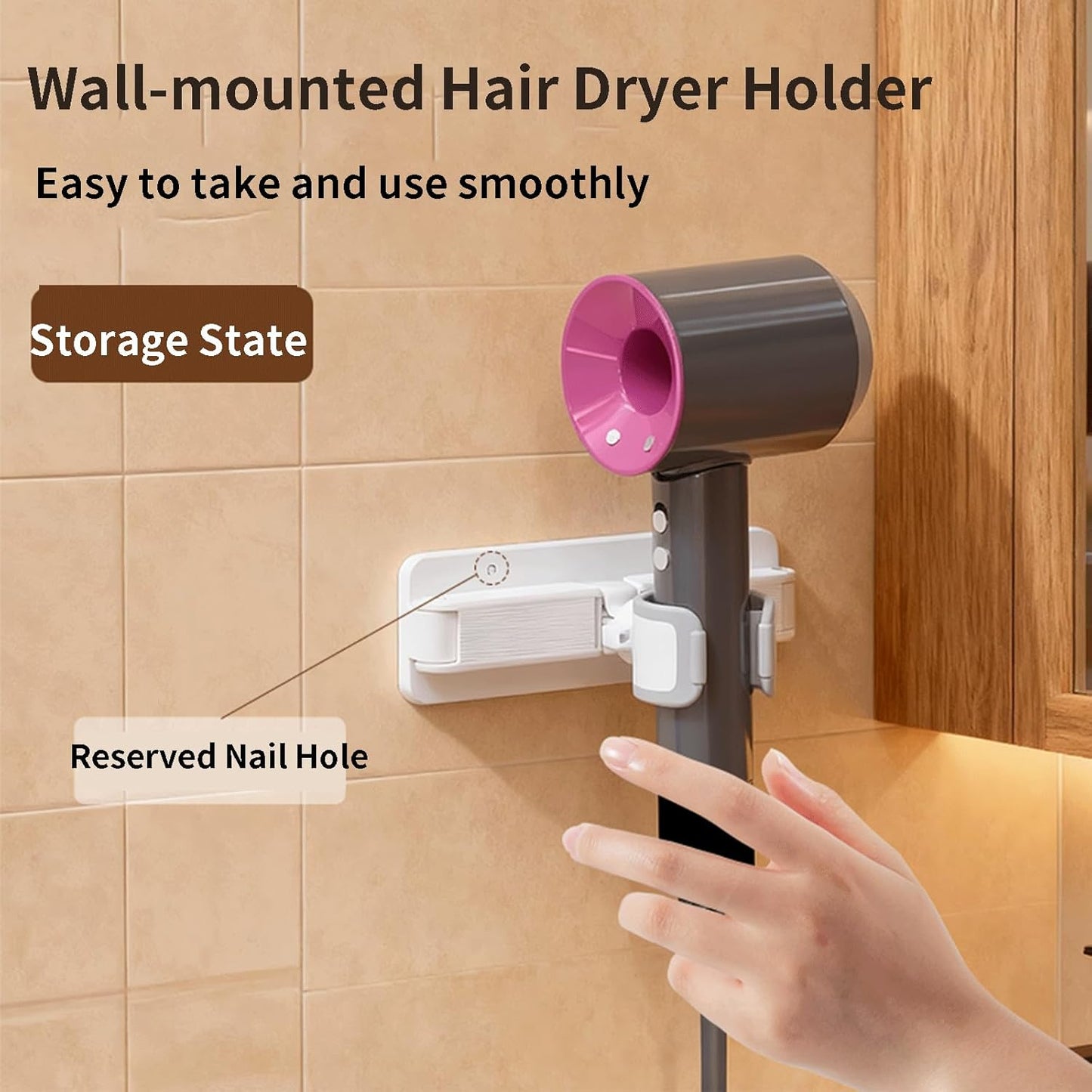 Wall Mount Hair Dryer for Bathroom, Adjustable Hands-Free Blow Dryer Stand with 360° Swivel Ball Head, Storage Holder for All Hair Dryer Sizes, No Drill Adhesive or Screw Installation
