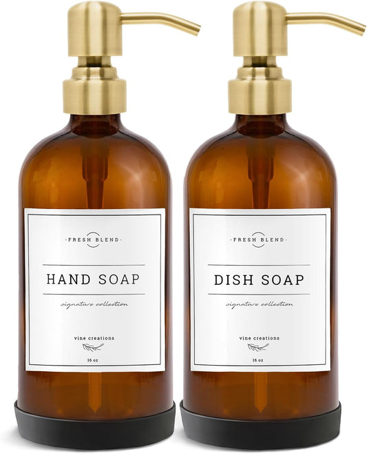 Vine Creations Amber Glass Soap Dispenser, 2 Pack Kitchen Soap Dispenser Set with Stainless Steel Pump, 16 oz Hand Soap and Dish Soap Dispensers for Kitchen or Bathroom with Waterproof Labels