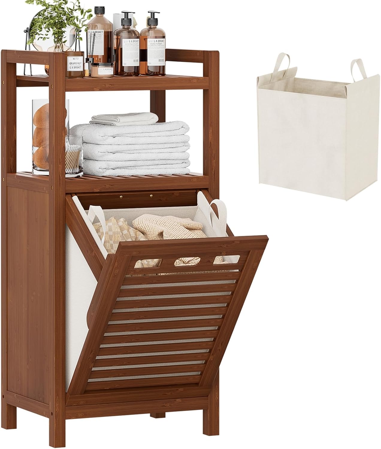 Homykic Tilt Out Laundry Hamper, 10 Gal Bamboo Laundry Storage Cabinet with Removable Basket, Hidden Hamper Organizer with Shelf for Dirty Clothes, Bathroom, Laundry Room, Space Saving, Walnut