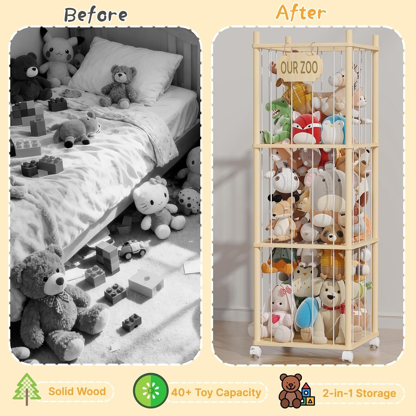 Stuffed Animal Storage, Wood Stuffed Animal Zoo with Wheels & Net, Toy Storage Organizer with Elastic Band, Large Capacity Toy Holder for Nursery, Playroom (3-Layers)