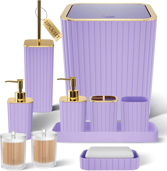 Bathroom Accessories Set - Gorgeous Bathroom Set, 10PC Purple Bathroom Accessory Set, Toilet Brush, Trash Can & Soap Dispenser
